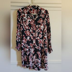 FRNCH Floral Navy Blue and Red Women's Drop Waist Dress